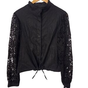 I.N.C. Black Linen Lace Sleeve Jacket-Style Shirt Romantic Poet Blouse-Core L